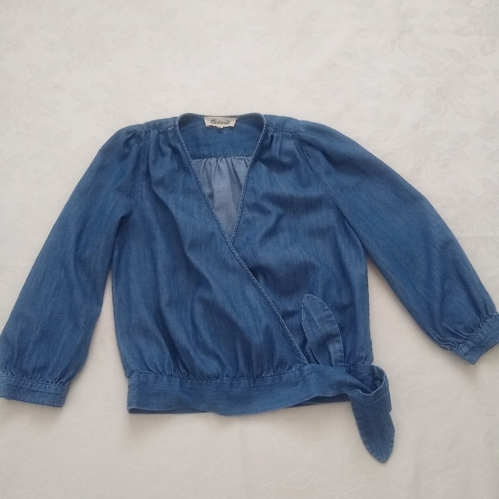 Madewell Anthropologie denim Chambray wrap Cropped blouse